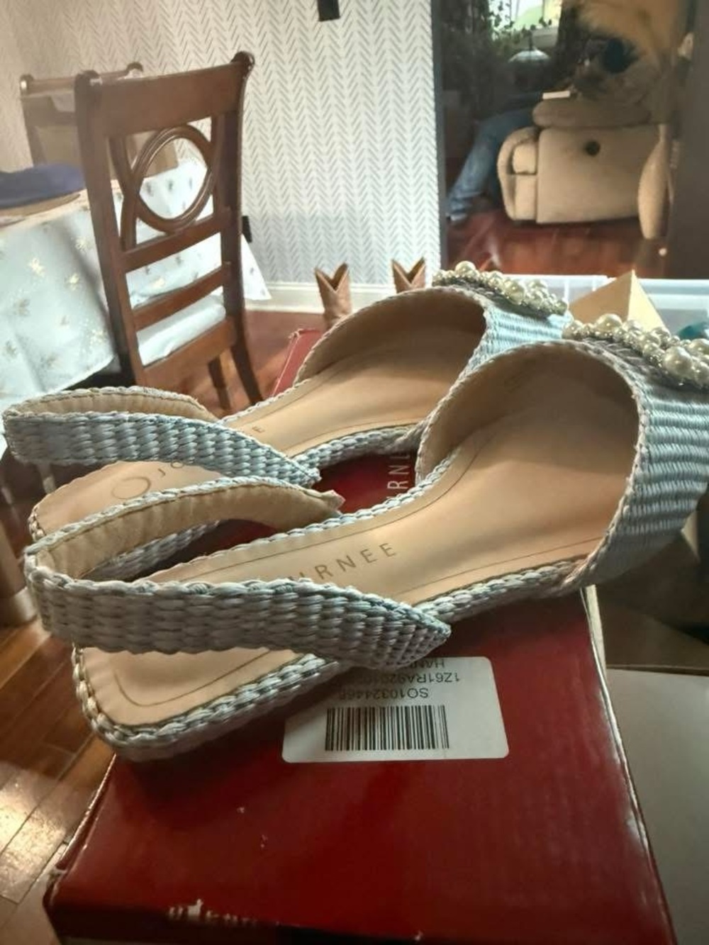 Journee Collection Light Blue Woven Pointed Slingback Flats with Pearl Buckle - Picture 3 of 3